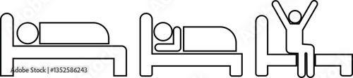 Sleeping man with different direction on bed and get up icon in line set. isolated on transparent background