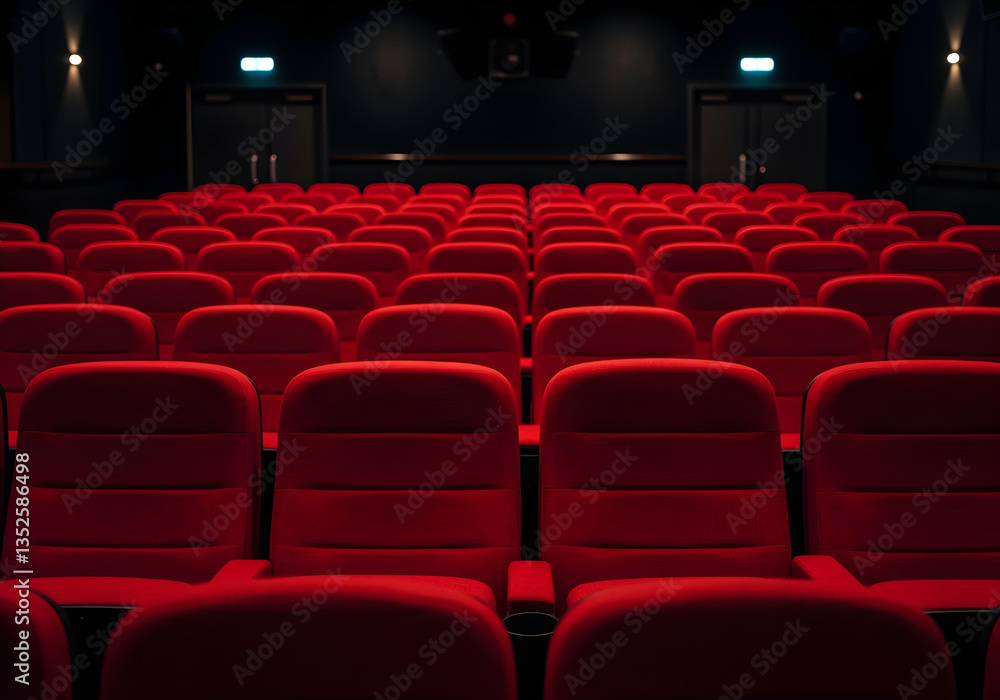 Close-up of red seats in dark empty cinema hall with copy space Background Close-up of red seats in dark empty cinema hall with copy space Background