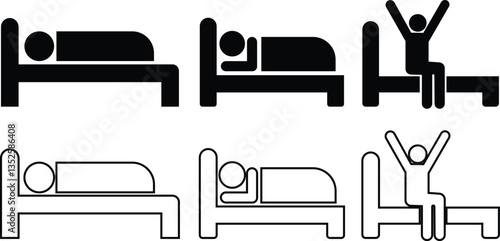 Sleeping man get up in morning and sitting on bed icon in flat, line set. isolated on transparent background
