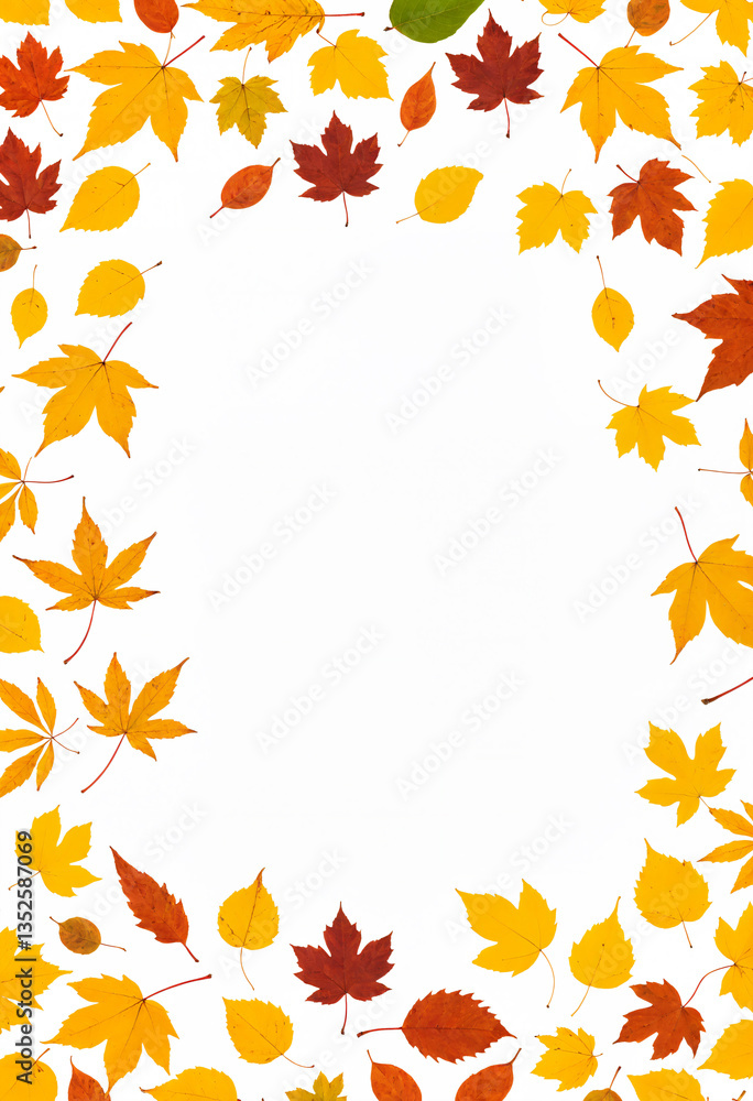 Autumn leaves frame on white background, fall foliage border, seasonal leaves template, autumnal design with copy space Autumn leaves frame on white background, fall foliage border, seasonal leaves template, autumnal design with copy space