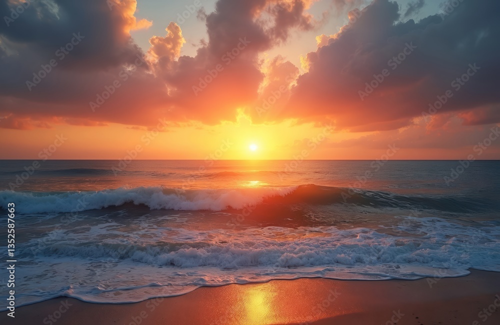 Fototapeta premium Ocean sunrise over beach with waves at seashore. Sun rising over sea horizon. Golden hour scenic coastal view. Warm colors, idyllic atmosphere, vacation vibes. Perfect holiday, travel, tourism