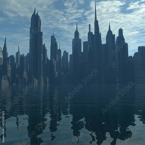 A futuristic city skyline reflected in tranquil waters underneath clouds