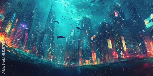Underwater city with buildings and sea creatures swimming around