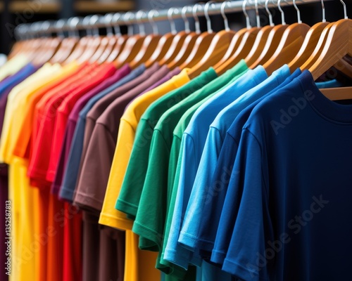 Wallpaper Mural A vibrant display of colorful t-shirts hanging on wooden hangers in a retail clothing store, showcasing a variety of hues against a softly blurred background of shop interiors Torontodigital.ca