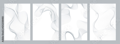 Luxury cover design set. High class silver wavy line pattern on white background. Abstract wave digital texture for certificate, deluxe folder, leaflet a4, formal invite, diploma. Vector