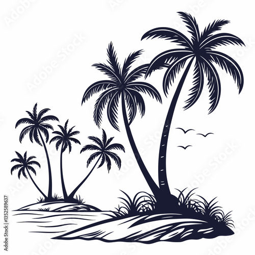 Tropical Island Silhouette: An artistic portrayal of a tropical island scene, where swaying palm trees reach toward the sky. Silhouette style creating a visual of serenity and the allure of paradise.