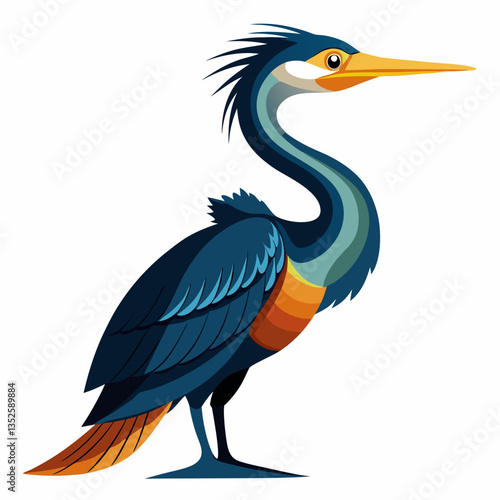Graceful Heron: This elegant heron stands in serene profile, its vibrant blue and orange plumage catching the eye. The bird exudes tranquility.
