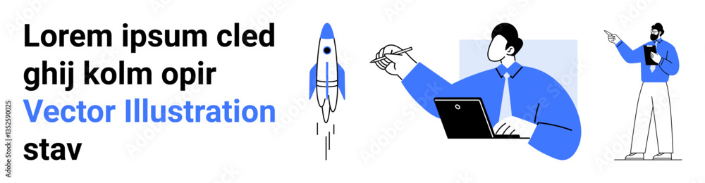 Businessman sketching a rocket while using a laptop, colleague presenting ideas. Minimalist design. Ideal for creativity, teamwork, innovation, business planning, collaboration, startup simple Businessman sketching a rocket while using a laptop, colleague presenting ideas. Minimalist design. Ideal for creativity, teamwork, innovation, business planning, collaboration, startup simple