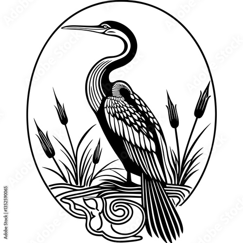 Elegant Anhinga in a Wetlands: An artful depiction of an anhinga, gracefully perched amidst wetland vegetation in an intricate oval frame, embodies serenity and nature's artistry. 
