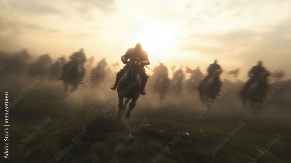 Fototapeta premium A group of knights in armor riding horses through a misty field at sunset.