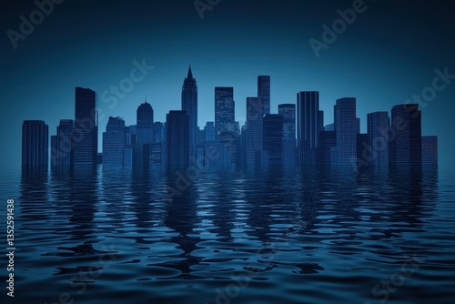 A skyline featuring buildings reflected in water with moody blue tones