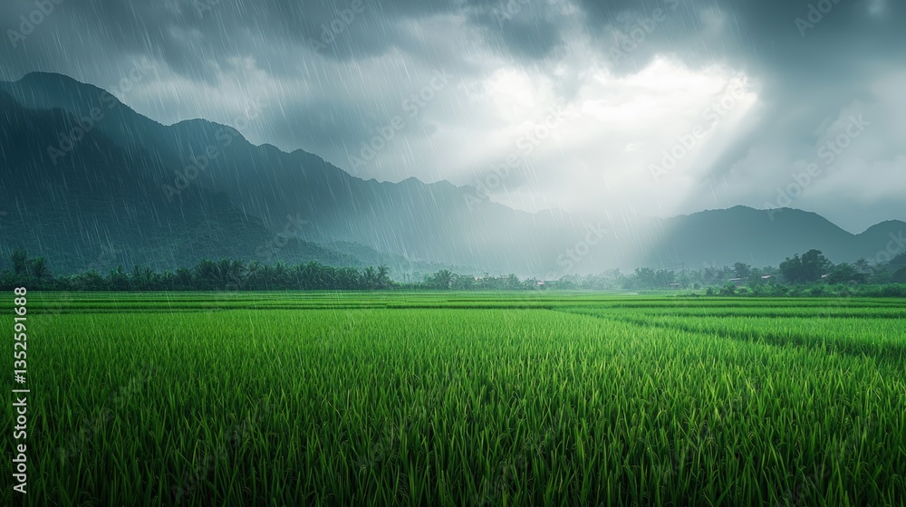 Obraz premium a beautiful green paddy field and mountains with rain 