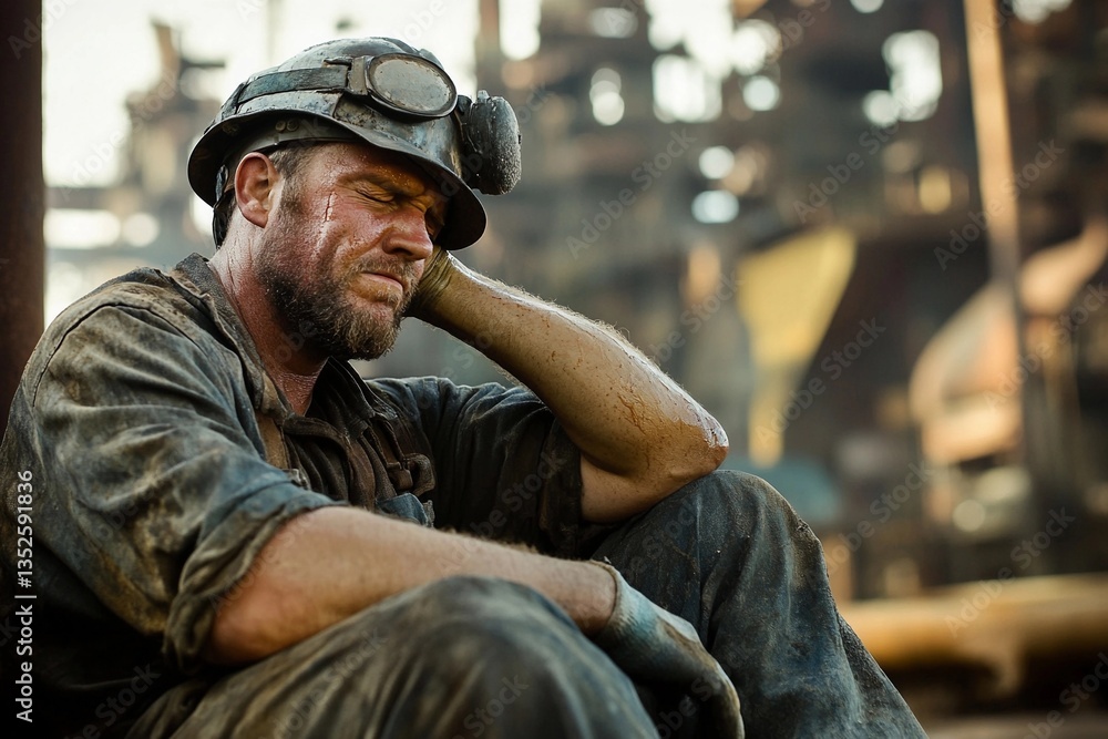 Exhausted worker resting in a metal plant after a long day of labor during sunset Exhausted worker resting in a metal plant after a long day of labor during sunset