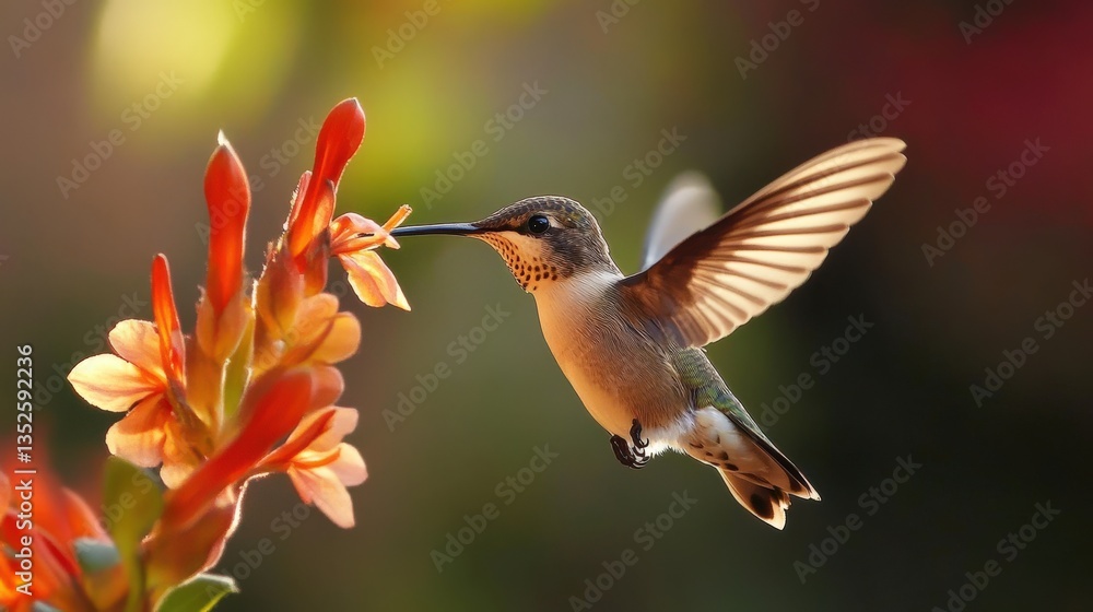 Fototapeta premium A tiny hummingbird approaches a bright orange flower in flight