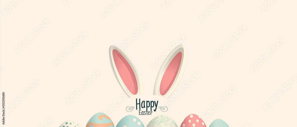 Obraz premium Minimal Easter banner with bunny ears and pastel eggs in flat vector style on a light background. Ideal for seasonal web graphics, social media headers, and greeting cards.