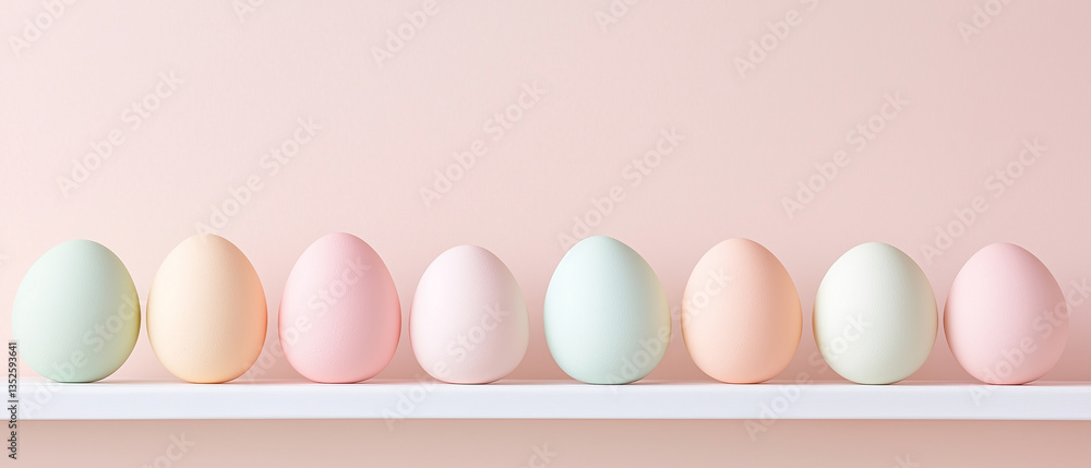 Fototapeta premium Minimalist Easter eggs in pastel tones aligned on a white shelf with a soft pink background. Perfect for seasonal marketing, greeting cards, or spring-themed designs.