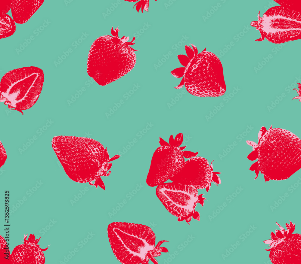 A bright and stylish seamless pattern featuring illustrations of ripe strawberries on a fresh mint-green background. The vibrant fruits, designed in a graphic retro style. A bright and stylish seamless pattern featuring illustrations of ripe strawberries on a fresh mint-green background. The vibrant fruits, designed in a graphic retro style.