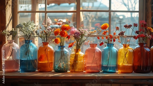 Bright and Cheerful Display of Colorful Flowers in Glass Bottles, Bathed in Soft Natural Light, Creating a Warm and Inviting Ambience for Any Space
