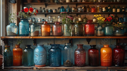 Bright and Cheerful Display of Colorful Flowers in Glass Bottles, Bathed in Soft Natural Light, Creating a Warm and Inviting Ambience for Any Space