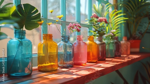 Bright and Cheerful Display of Colorful Flowers in Glass Bottles, Bathed in Soft Natural Light, Creating a Warm and Inviting Ambience for Any Space
