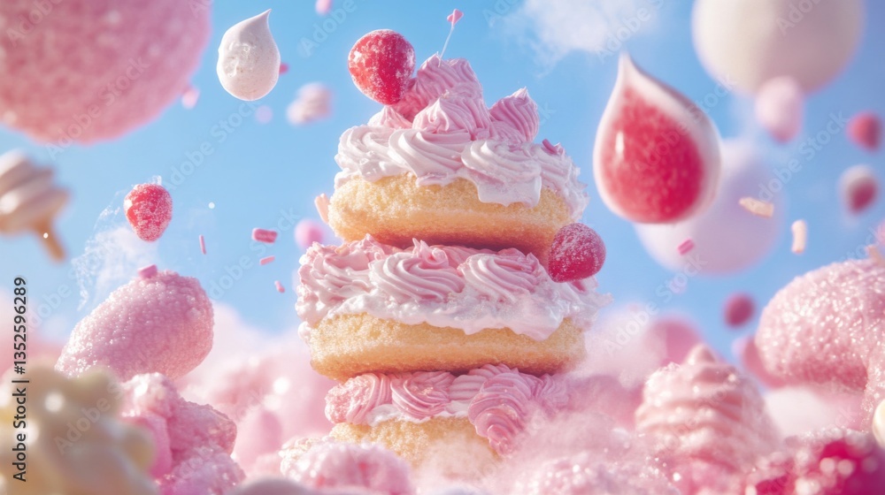 Pink Whipped Cream Cake with Floating Confectionery Pink Whipped Cream Cake with Floating Confectionery