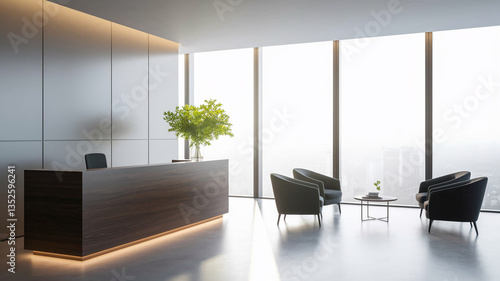 Wallpaper Mural Modern office reception area with dark wood desk, gray armchairs, and large window offering city view.  Showcase of contemporary interior design, ideal for business or corporate settings. Torontodigital.ca