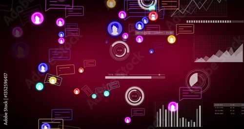 Animation of digital data and social media icons floating over graphs, red backdrop