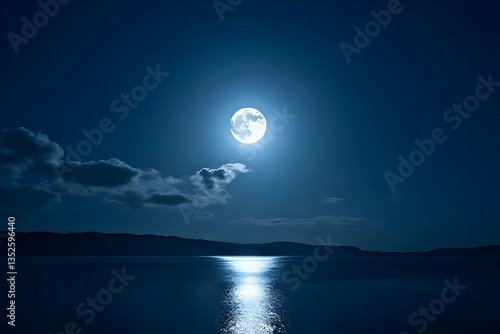 A full moon shining brightly in the night sky, its reflection glistening on the calm lake below.