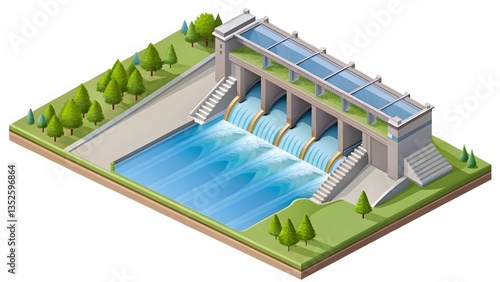 Hydroelectric Dam Isometric Illustration
