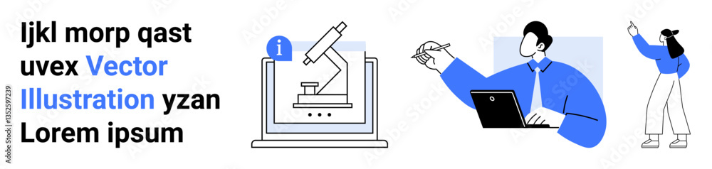 Microscope on computer screen, person working on laptop, and pointing gesture. Ideal for education, scientific research, teamwork, technology, online training, tutorials simple landing page Microscope on computer screen, person working on laptop, and pointing gesture. Ideal for education, scientific research, teamwork, technology, online training, tutorials simple landing page