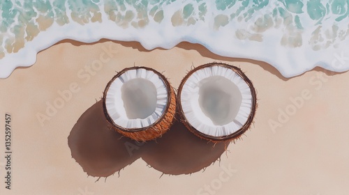 Two coconut halves resting on a sandy beach with ocean waves in the background.
