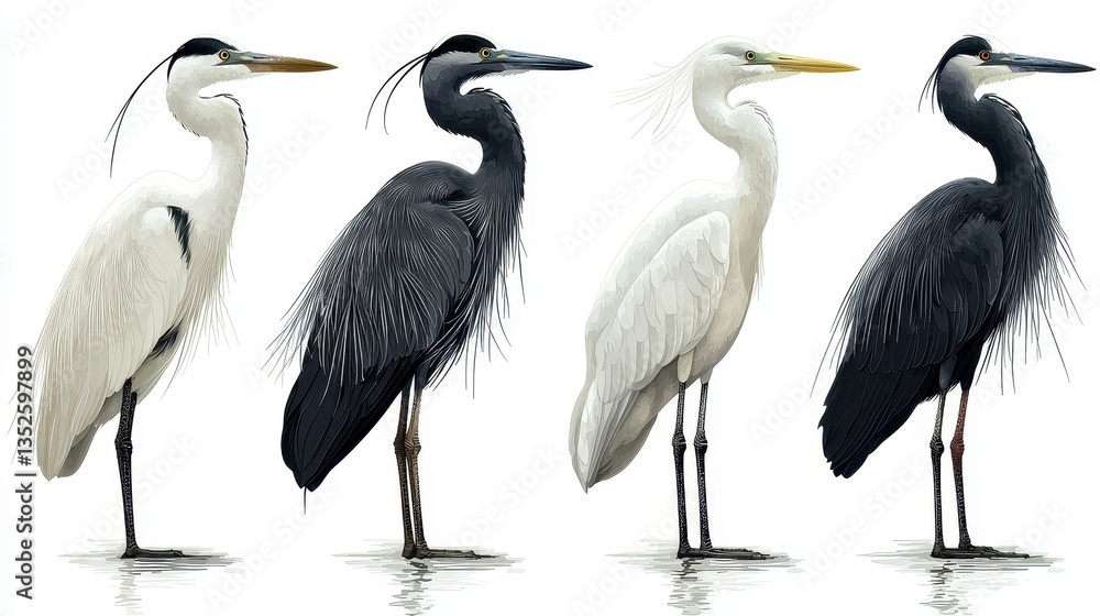 Obraz premium Four elegant herons standing in a row, showcasing their plumage and colors