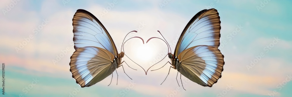 Obraz premium Two butterflies touching wings to form a heart shape against a pastel sky – Suitable for nature appreciation, love and romance concepts, or environmental storytelling.