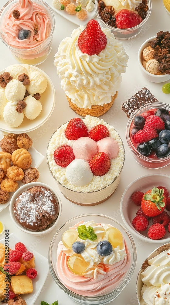 AI generator image of Desserts, ice cream, bread, cakes, various flavors,Assortment of baked goods displayed on a table surface with various styles and flavors AI generator image of Desserts, ice cream, bread, cakes, various flavors,Assortment of baked goods displayed on a table surface with various styles and flavors
