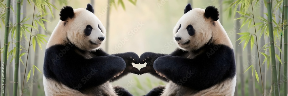 Obraz premium Two pandas forming a heart shape with their paws in a bamboo forest – Great for wildlife conservation efforts, love-themed content, or nature-related storytelling.