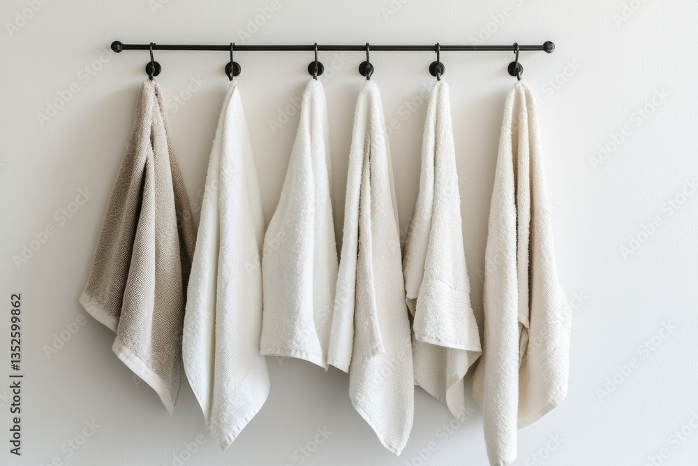 Conveniently Hanging Towels on a Hook Against a Clean White Studio Wall Conveniently Hanging Towels on a Hook Against a Clean White Studio Wall