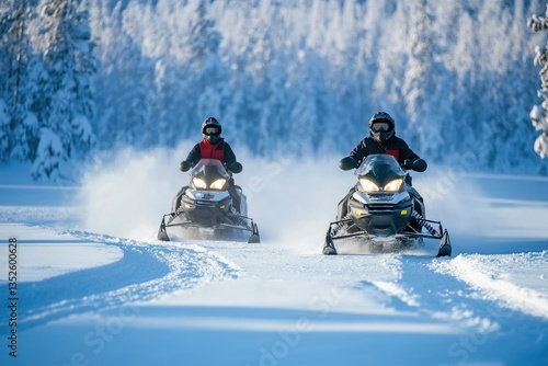 Dynamic Duo Adventuring on a Snowmobile Across Lapland's Icy Wilderness