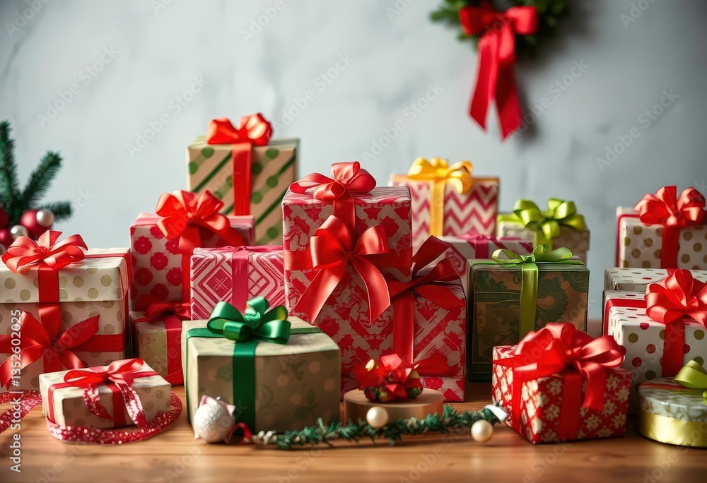 A table laden with festively wrapped Christmas gifts, ribbons and bows, xmas, winter holiday A table laden with festively wrapped Christmas gifts, ribbons and bows, xmas, winter holiday