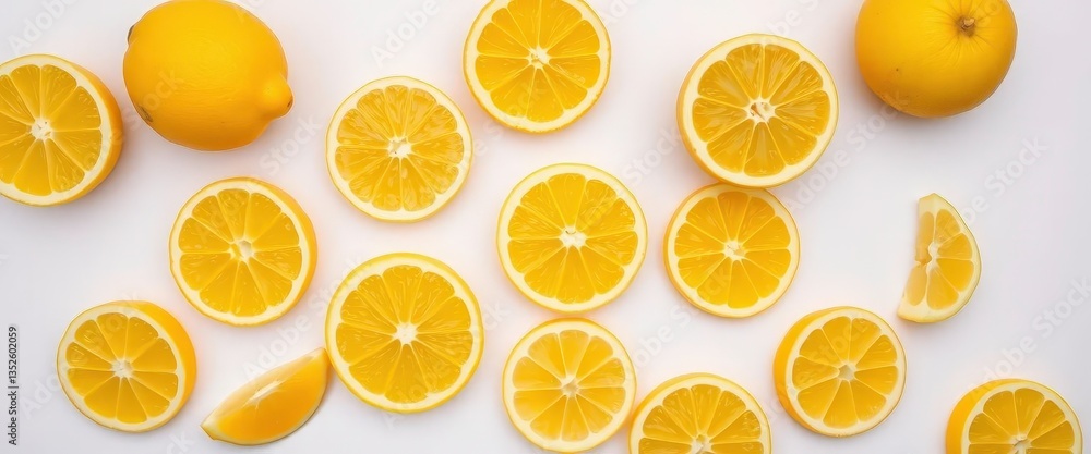 Bright yellow lemon slices and whole lemons on white background, natural, lemon Bright yellow lemon slices and whole lemons on white background, natural, lemon