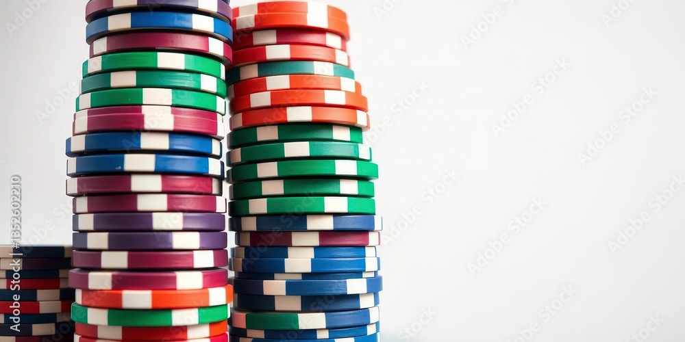 A towering stack of colorful poker chips, various denominations visible, winnings, colorful A towering stack of colorful poker chips, various denominations visible, winnings, colorful