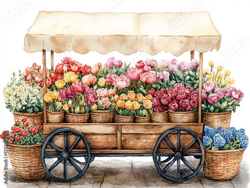 Fototapeta Naklejka Na Ścianę i Meble -  a watercolor painting of a flower cart with a wooden frame and large black wheels. The cart is covered with a beige canopy and is filled with woven baskets containing a variety of colorful flowers