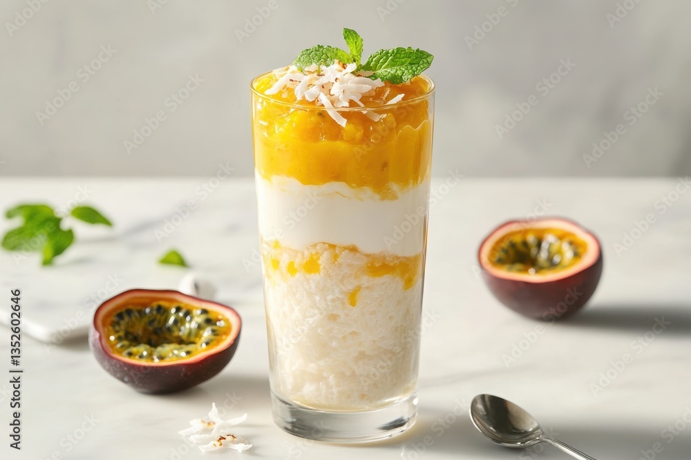 A stunning layered rice pudding, elegantly arranged in a tall, clear glass, showcasing its creamy white coconut-infused rice pudding A stunning layered rice pudding, elegantly arranged in a tall, clear glass, showcasing its creamy white coconut-infused rice pudding