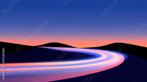 Abstract image shows light streaks traversing hills at twilight