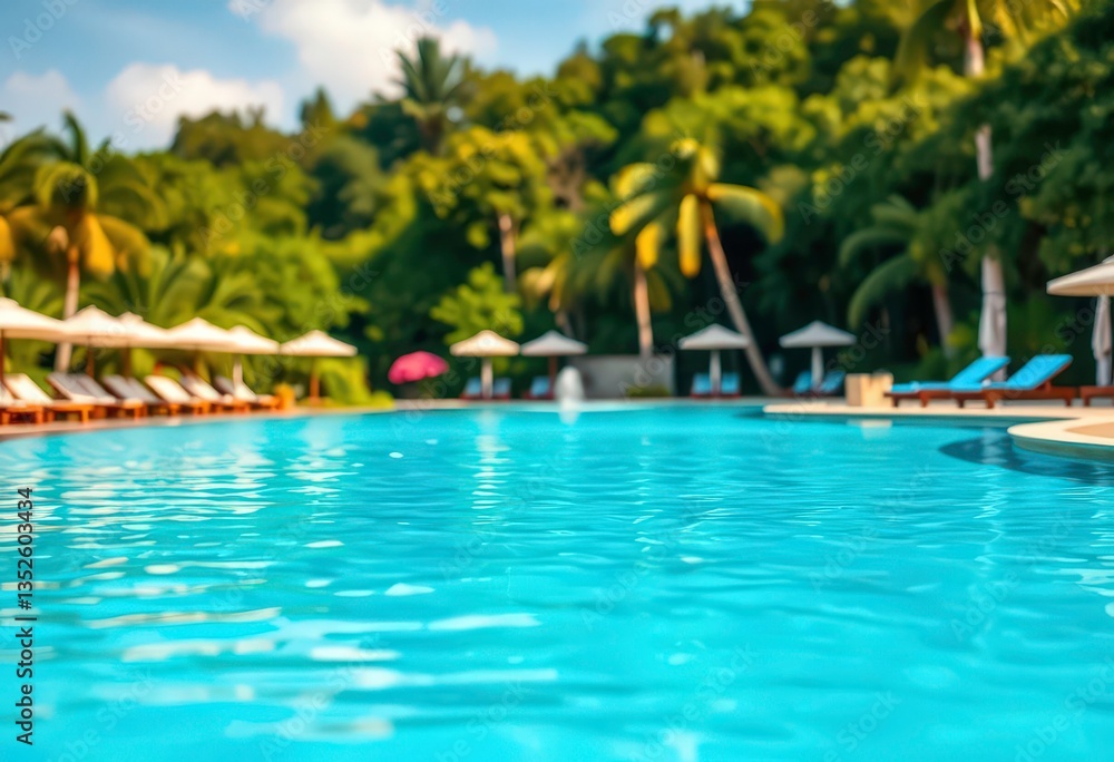 Azure blue resort pool, tranquil waters, blurred lush background, swimming pool, sun Azure blue resort pool, tranquil waters, blurred lush background, swimming pool, sun