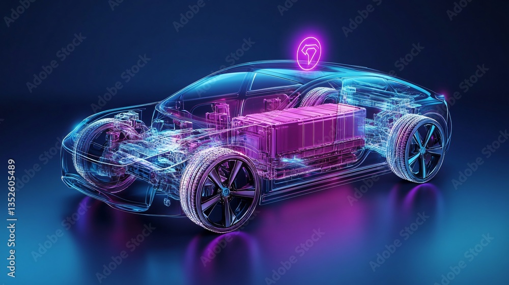 Futuristic purple holographic concept of a new energy battery, floating in a digital space. This high-tech illustration represents innovation, clean energy, and the future of sustainable power solutio Futuristic purple holographic concept of a new energy battery, floating in a digital space. This high-tech illustration represents innovation, clean energy, and the future of sustainable power solutio