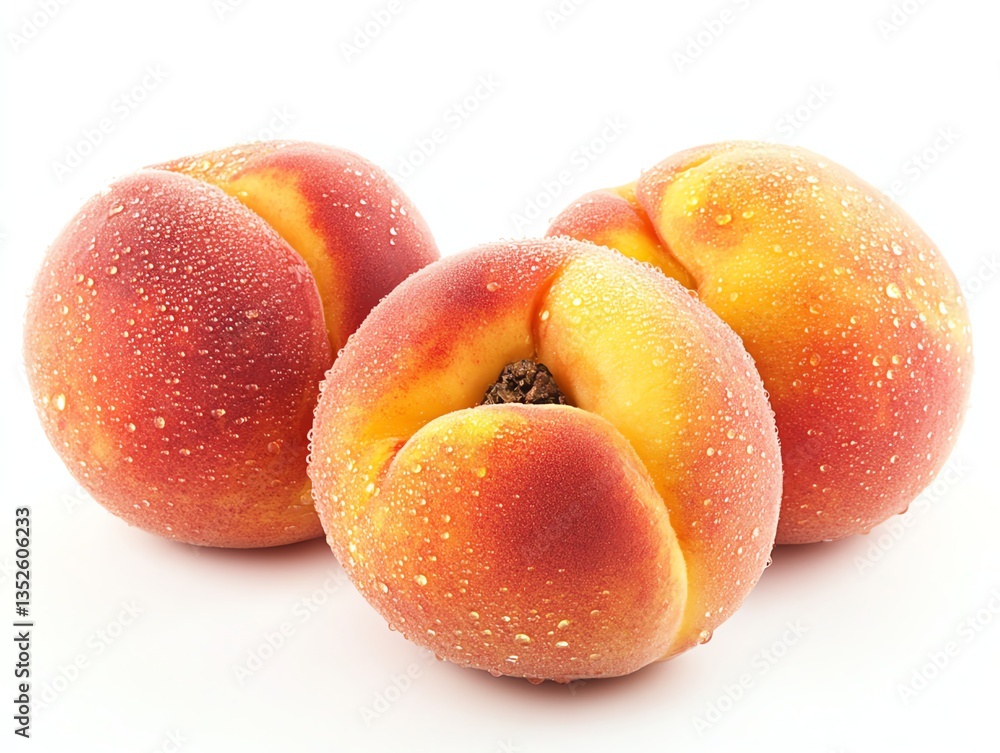 Close-up of Fresh Peaches with Water Droplets on a White Background Close-up of Fresh Peaches with Water Droplets on a White Background