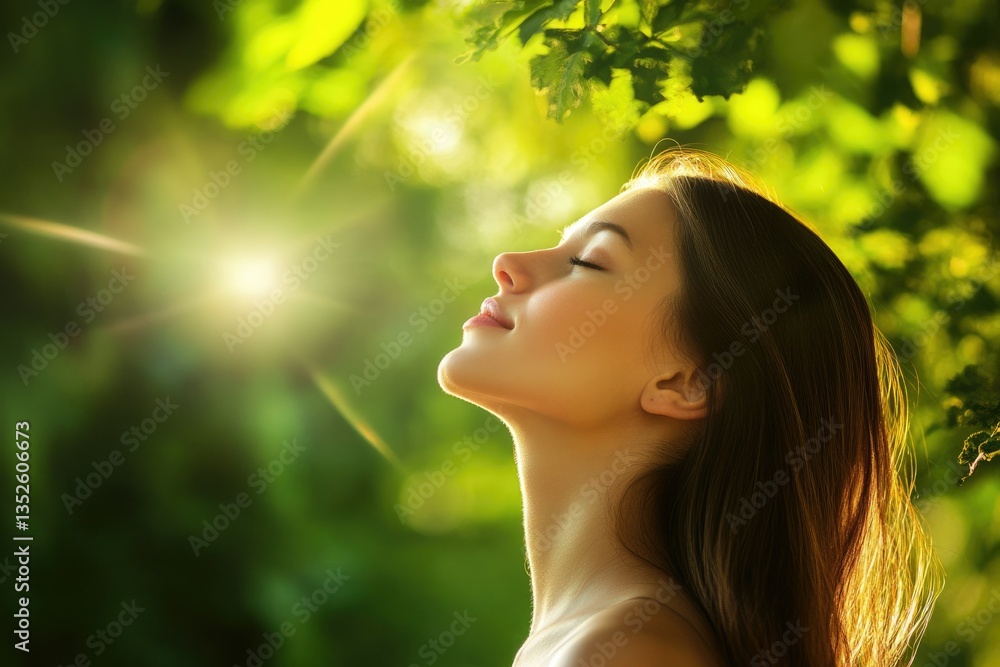 Fototapeta premium Serene Portrait of Young Woman Taking a Deep Breath in the Countryside Forest