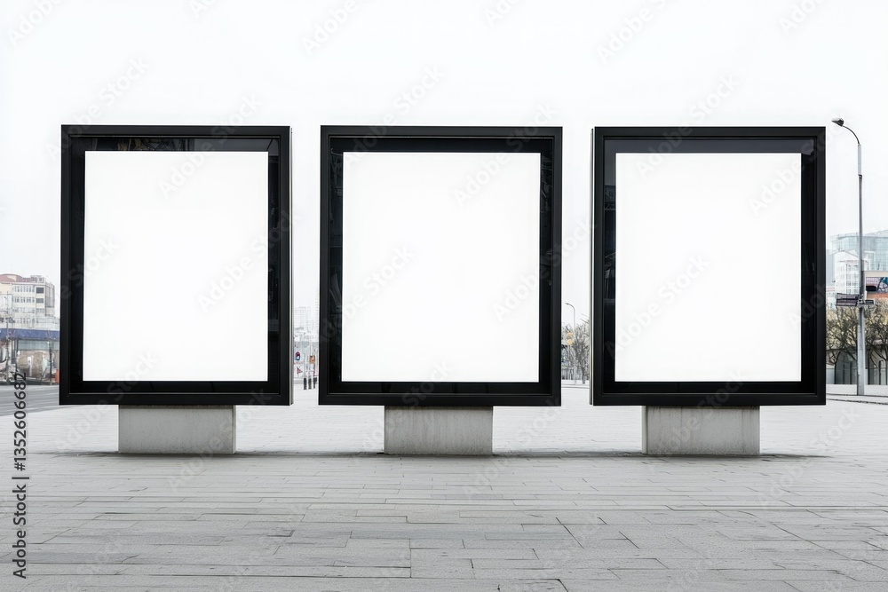 Set of Three Blank Movie Poster Frames on a Walkway, Isolated with Abstract Acrylic Background in Bangkok Set of Three Blank Movie Poster Frames on a Walkway, Isolated with Abstract Acrylic Background in Bangkok