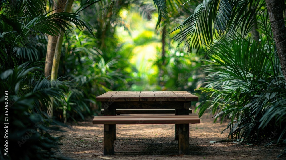 Obraz premium a wooden table and bench in a beautiful green forest 