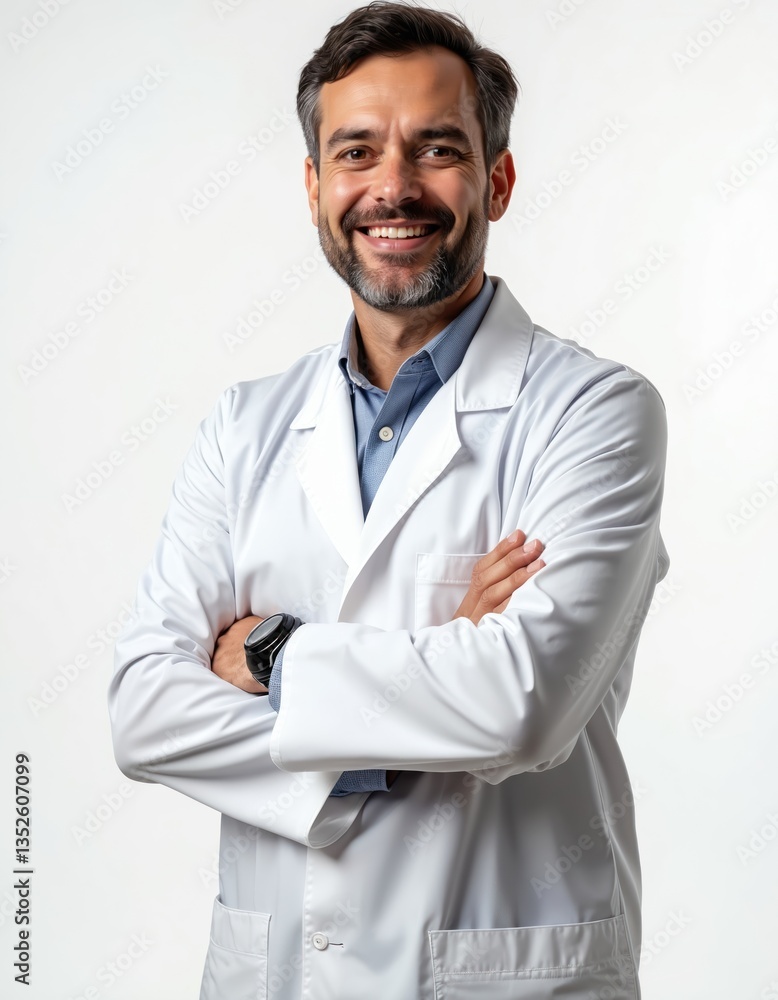 Smiling professional man doctor in white coat, with arms crossed isolated on white. Medicine expert, medical specialist, health care, hospital, clinic, pharmacist, medicine expert. Smiling professional man doctor in white coat, with arms crossed isolated on white. Medicine expert, medical specialist, health care, hospital, clinic, pharmacist, medicine expert.